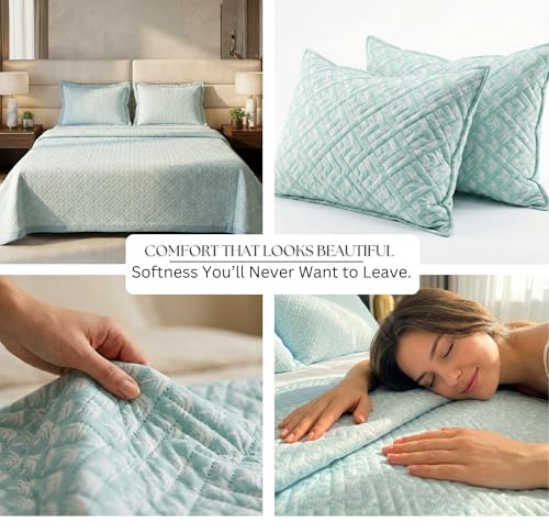 Image of BSB HOME 100% Cotton Ultrasonic Quilted Bedspread Set - 280 Thread Count, Stitch-Free Soft Lightweight Coverlet, King Size 90 x 100 Inches, Breathable Bed Cover with 2 Pillow Cases (Dusty Aqua) | Breathable Material