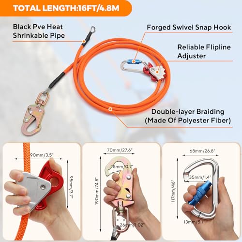 Image of 16ft Steel Wire Core Flipline, 3300Lbs Arborist Positioning Lanyard Kit | Flip line with Triple Lock Carabiner, Swivel Snap Hook and Rope Grab for Large Trunk Climbing, Tall Tree Care and Rescue