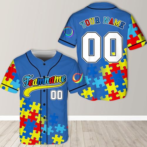 Playera personalizada de béisbol con conciencia de autismo, nombre personalizado, diseño de rompecabezas, apoyo y guerrera de autismo negra miniatura 5