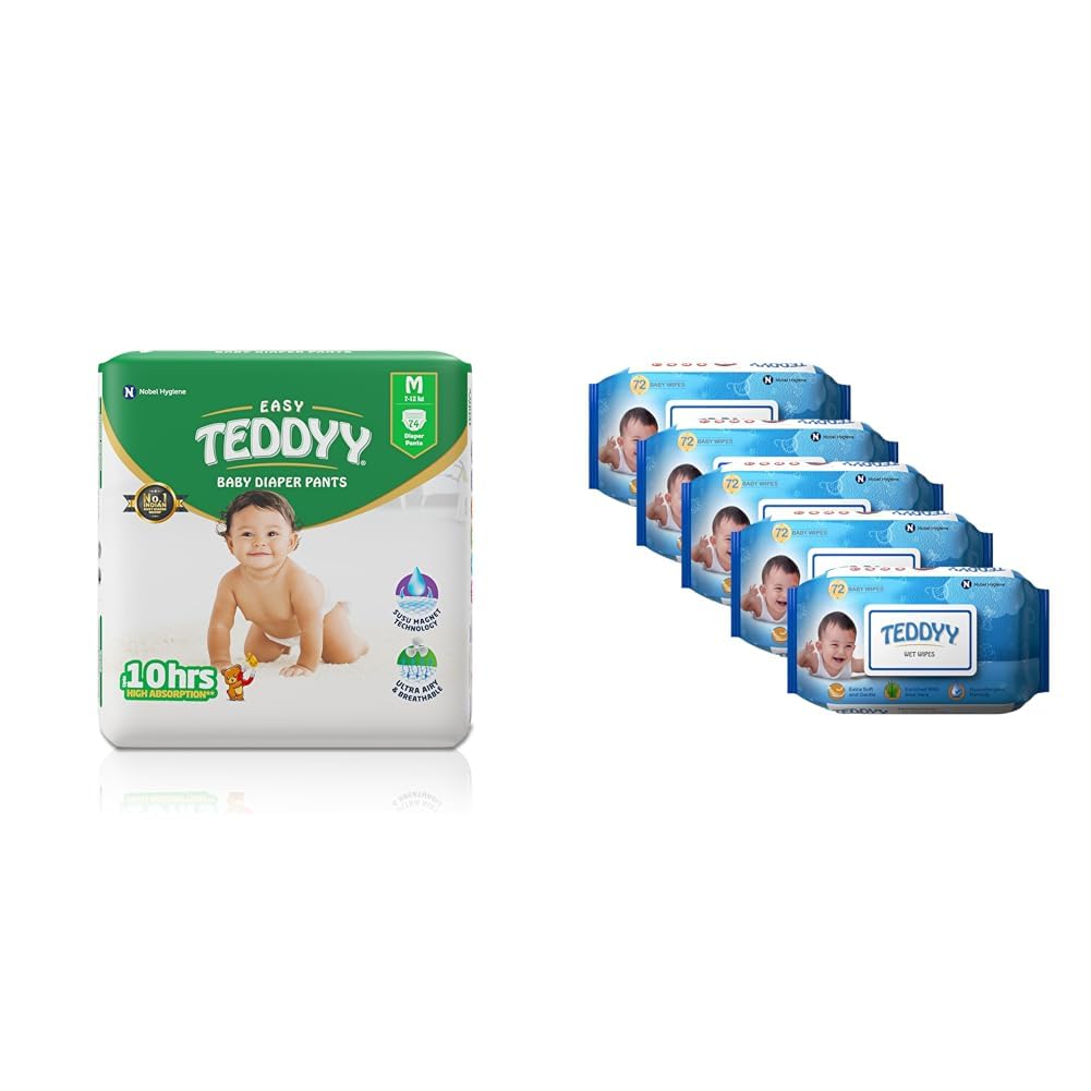 TEDDYY Baby Easy Pant Diapers Medium 74 Count Pack of 1 & Baby Wet Wipes With Lid 72s Pack of 5