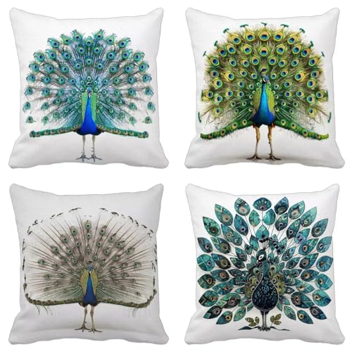 Funda Cojin 45x45 mm Juego de 4 Pavo Real Cuadrado Ultra Suave Doble Costura Cremallera Oculta Verde Azulado Fundas Cojines Exterior Impermeable Jardin Caseta Cojines Decorativos Salón Dormitorio 8-W