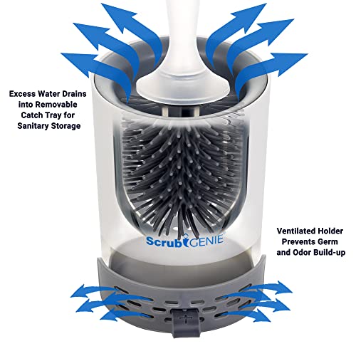 Scrub Genie Toilet Bowl Brush And Holder - Refillable Handle Dispenser For Gel Toilet Cleaner - Flexible Tpr Brush Head - Ventilated Toilet Brush Caddy For Sanitary Storage - Optional Wall Mount - 1Ct #TOP3