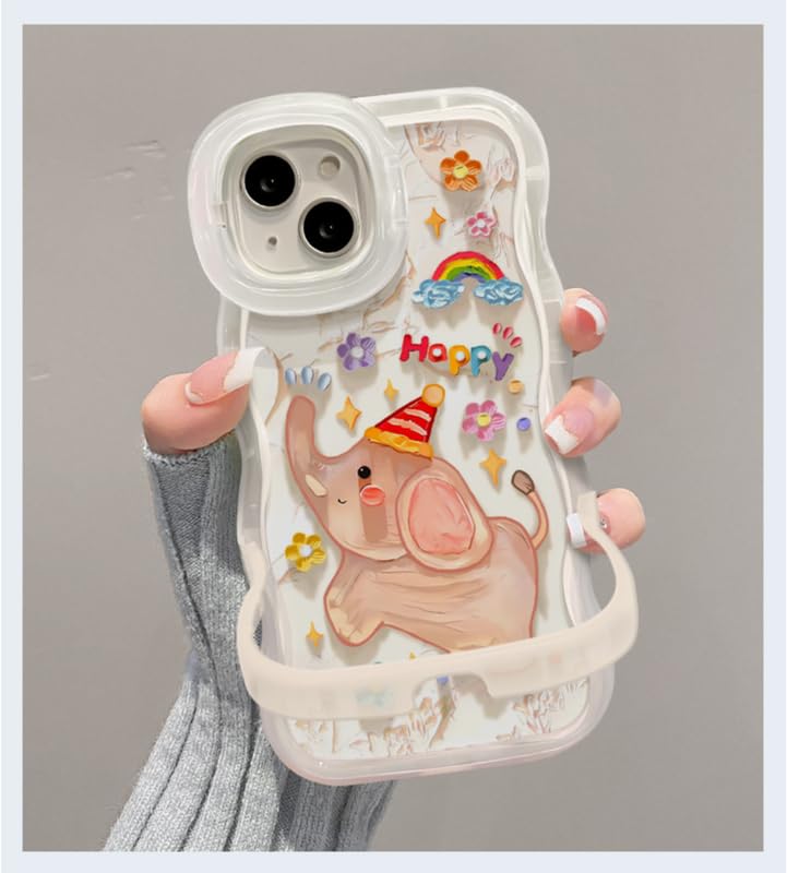 Image of COVERLY 3D Cute New Baby Elephant Cartoon Rainbow Star Floral Decor Wave Curly Edge Invisible Double Phone Stand Holder Happy Dance Cover Girly Charm Case for Apple iPhone 15 Pro Max (White Color)