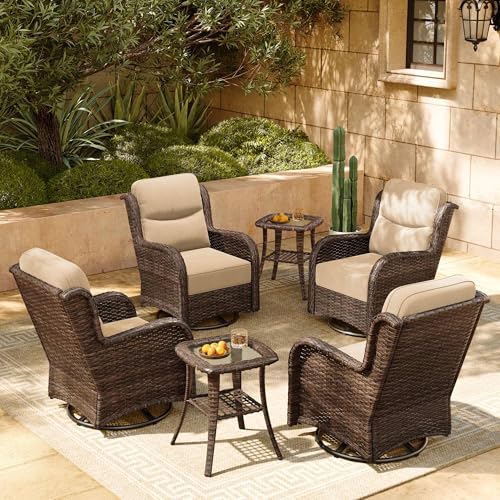HILLGA Luxury Patio Furniture Set with 6-inch Thick Cushion, Outdoor High Back Swivel Rocker Patio Chairs, 6PCS Wicker Conversation Set for Deck Yard and Poolside, Beige (V2)