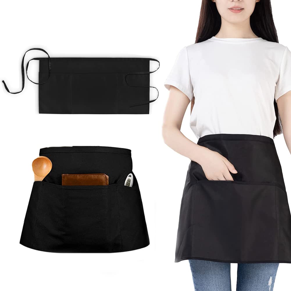 Waitress Aprons 2 Pack Waist Half Waist Apron Waitress Apron with 3 Pockets Waterproof Half Apron for Men and Women Chef Apron for Cooking Cleaning Painting Gardening Bistro Restaurant Black, 12 Years