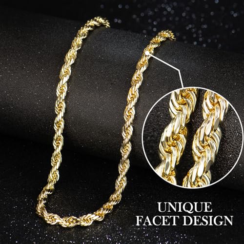 14K Gold-Plated Rope Chain Necklace, 24 Inches, 6mm/8mm Width, Facet Design, Secure Clasp, Unisex, Ideal Gift for Men & Fashion Lovers3