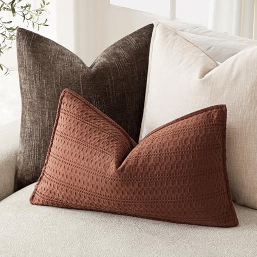Image of Foindtower Set of 2 Decorative Cotton Waffle Weave Lumbar Throw Pillow Covers Euro Shams Cushion Covers Accent Pillowcase for Bed Couch Sofa Bedroom Living Room Home Decor 12x20 Inch Fall Rust Orange