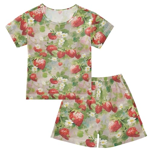 ALAZA Vintage Strawberries Flowers Pajama Set Short Sleeve Sleepwear Soft Lounge Nightwear