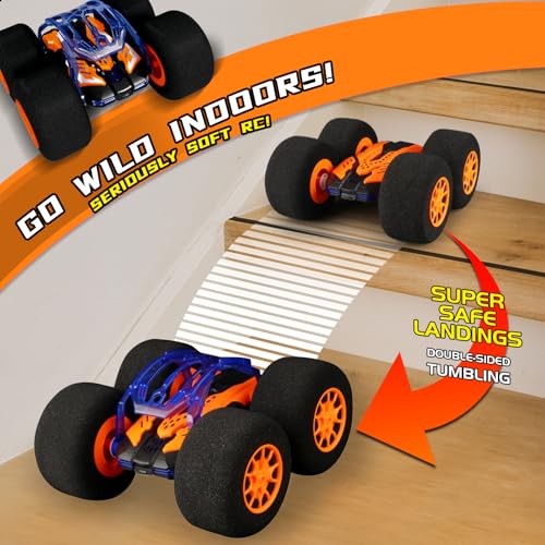 Image of Indoor RC Car Stunt Remote Control Car Toys with Soft Wheels RC Cars for Kids Indoor Outdoor with LED headlight & Crazy Stunts 360 Flips Double Sided Vehicle 2.4GHz Remote Control for Boys Girls Gift