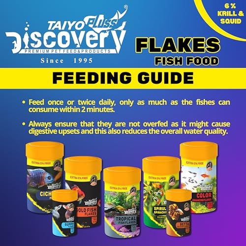 Image of Taiyo Pluss Discovery Betta Colour Mini Flakes Fish Food - 25 g (Pack of 1) | Premium Slow Sinking Diet for Fighter Fishes with Krill & Squid for Active Growth & Coloration