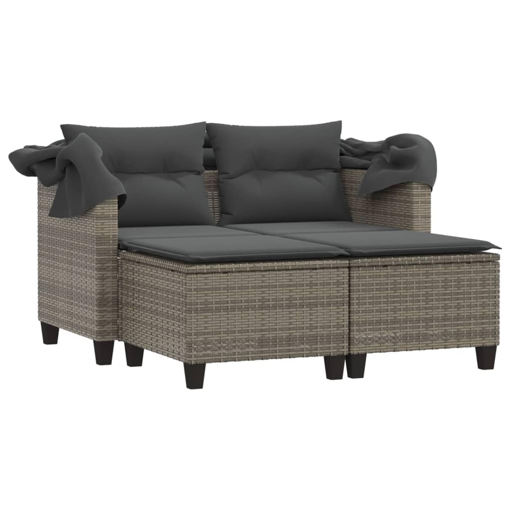 HUAKEHOM Gartensofa 2-Sitzer mit Dach und Hockern Outdoor Sofa Gartenmöbel Garten Lounge Set Terrasse Terrassenmöbel Zweisitzer Grau Poly Rattan