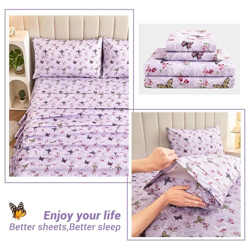 Image of Softan Floral King Bed Sheets, Purple Paisley Flower Printed Sheet Set - Brushed Microfiber King Fitted Sheet with 15 inch Deep Pocket and Corner Straps, Butterfly Patterned Sheet & Pillowcase Sets