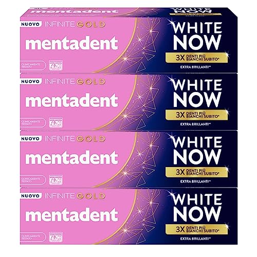 Mentadent White Now Infinite Gold Zahnpasta Aufhellung Sofortige Wirkung gegen Flecken auf der Oberfläche Extra Brillante Zähne temporäre Aufhellung - 4 Flaschen à 75 ml