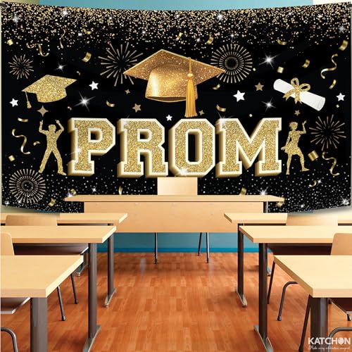 Image of KatchOn, 72X44 Inch, Black and Gold Prom Backdrop for Graduation Decorations 2026, Photography Graduation Party, Grad Party Prom Decorations 2026 Graduation Party Decorations