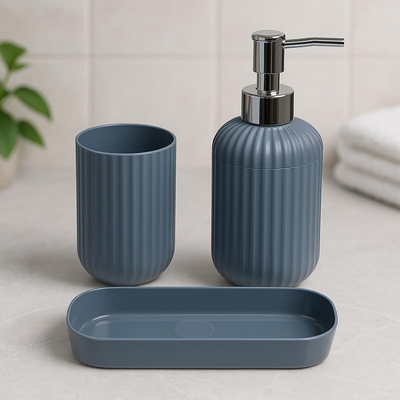 Image of 3PCS Set Bathroom Soap Dispenser Set with Toothbrush Holder and Vanity Tray Unbreakable (Grey)