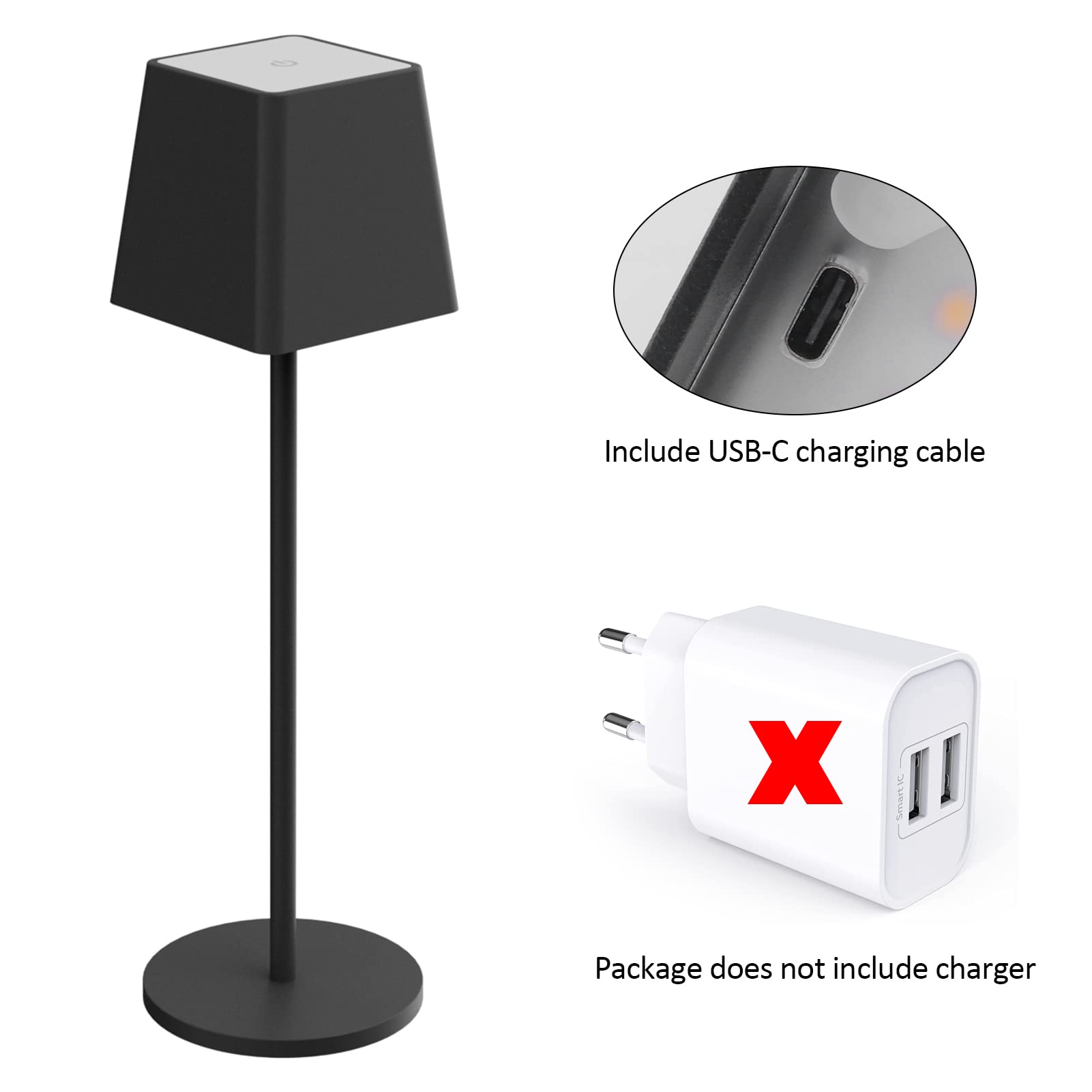 K-Bright 2 pezzi Lampada LED Dimmerabile da tavolo in alluminio, H38cm, Ricaricabile Colore luce calda Per interni/esterni Lampada da scrivania senza fili con 1m USB-C (Nero)