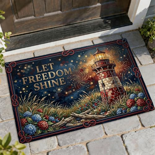 Felpudo de bienvenida con diseño de faro, diseño patriótico de fuegos artificiales, color rojo, antideslizante, para debajo de la puerta, decoración de entrada para porche delantero, baño, oficina, 73