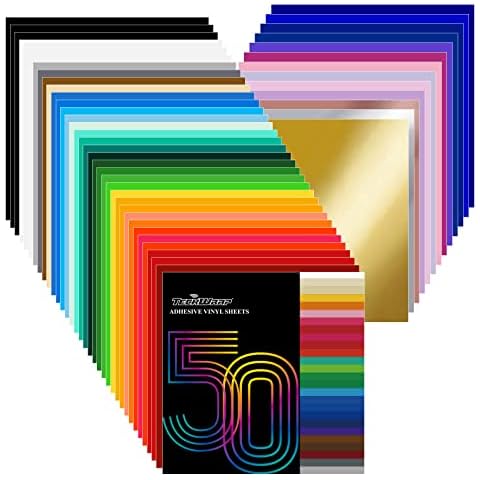TECKWRAP 50 Pack 12" x 12" Permanent Adhesive Vinyl Sheets 48 Assorted Colors (Glossy & Matte) with 2 Transfer Tape for DIY Home Decor, Craft Cutter, Decor Sticker Compatible with Cutting Machines Cover