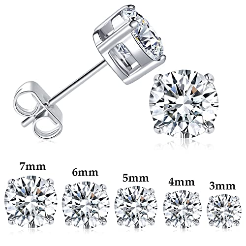 5 Pairs 316L Stud Earrings Set, White Gold Hypoallergenic Cubic Zirconia Titanium 316L Earrings Surgical Stainless Steel Round Cz 4 Prong Stud Earring For Women And Men 3-7Mm #TOP5