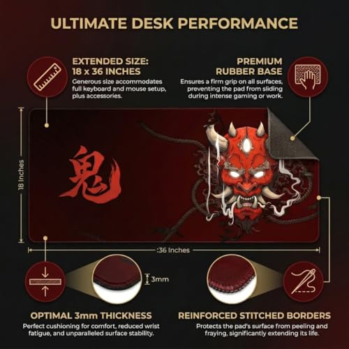 Image of Extended Desk Mat 458 x 915 mm | Premium Abstract Purple Desk Mat with Stitched Edges | 3mm Thick Non-Slip Desk Pad for Gaming, Office & Workstation (Oni - Red)