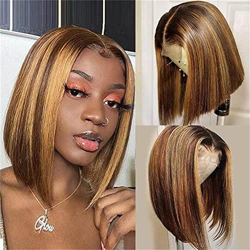 Rina 4/27 Highlight Bob Closure Wig Human Hair for Black Women 150% Density 4x1 T Part Straight Short Bob Wigs Pre Pluck