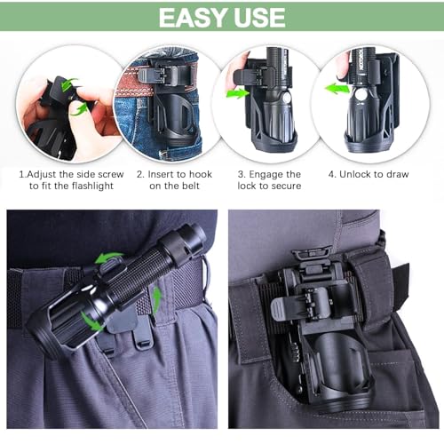SQLJYU 360-Grad-Drehung Taschenlampen Holster für Gürtel, Taktische Taschenlampe Hülle mit Hebel-Seitenschlosssystem - Praktisches PVC Tasche für Taschenlampen mit 22-32 mm Durchmesser