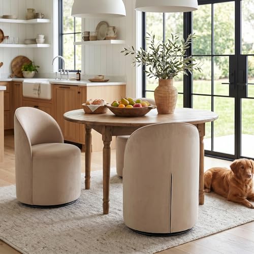 Image of HNY Upholstered Kitchen & Dining Room Barrel Chairs Set of 3, Mid Century Modern Round Velvet Dining Chairs, 360 Degree Swivel Comfy Armless Accent Makeup Vanity Side Chairs for Living Room, Khaki
