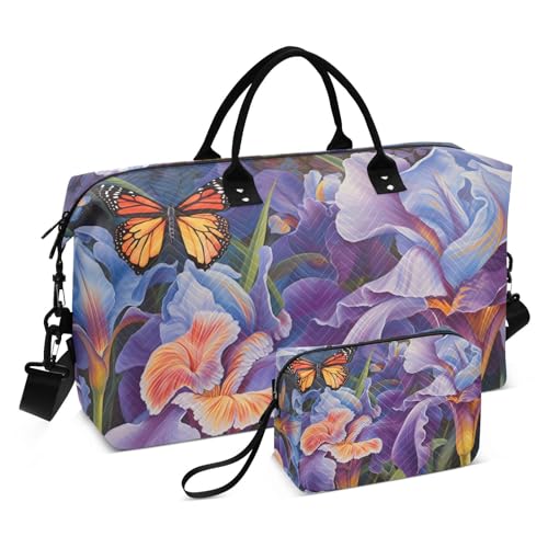 Large Travel Duffel Bag, Butterfly Purple Foral Sports Tote Gym Bag, Shoulder Weekender Overnight Bag for Women Men, Carry On Luggage with Toiletry Bags