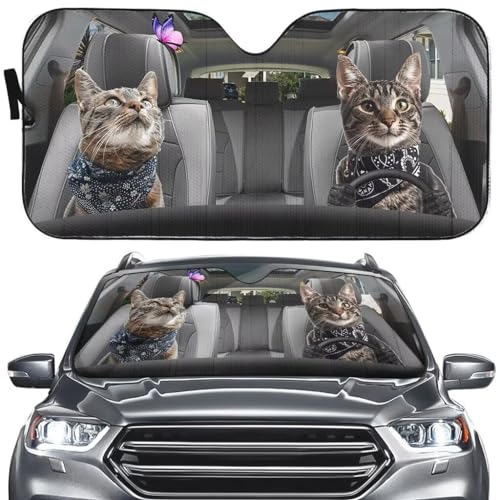 Personalized Cat Driving Auto Front Window Sun Visor Car Sunshades Funny Animal Shades Truck SUV Sun Visor UV Rays Blocks Car Interior Accessories 57x27.5 Inches