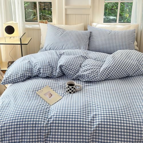 Image of LifeTB Blue Gingham Comforter Set King 3 Pieces Modern Plaid Checkered Pattern Comforter Gingham Bedding Set Fluffy Soft Grid Plaid Bedding Comforter Farmhouse Checkered Comforter Set King Size