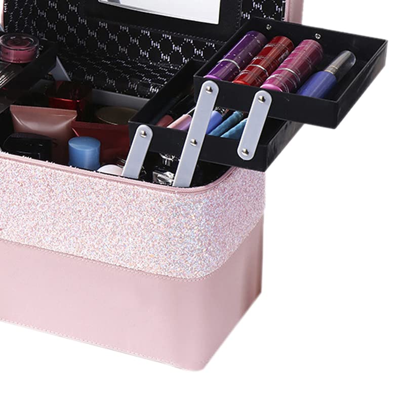 ZJchao Cosmetic Storage Bag Large Capacity PU Leather Toiletry Box Portable Travel (Pink 4 Sided Openning)2