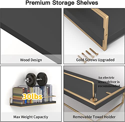 Image of Shario - Set of 2 Floating Shelves with Gold Towel Rack Wall Hanging Decorative Storage Shelves for Bathroom, Kitchen, Living Room and Bedroom (Black)