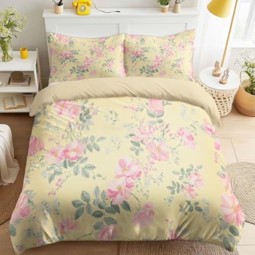 Funda de edredón reversible para cama individual, color amarillo pálido, estilo vintage, romántica, lavable a máquina, ropa de cama decorativa floral ultrasuave para niñas y niños