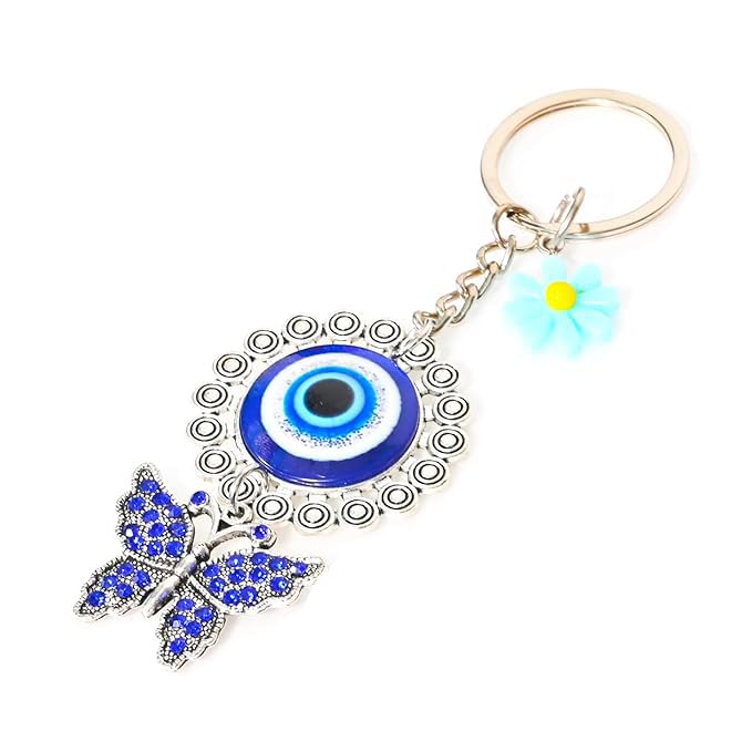 Beautiful Luxury Evil Eye Metal Keychain with Rhinestone Butterfly & Flower Charm | Evil Eye Keychain for Girls & Women | Keychain for Car, Bike, Home, Bag, Girls Cute