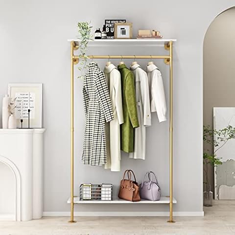 HOMEKAYT Industrial Pipe Clothing Rack Wall Mounted Garment Rack with 2-tier Wooden Shelves Vintage Hanging Rack for Bedroom, Living room-Gold Cover