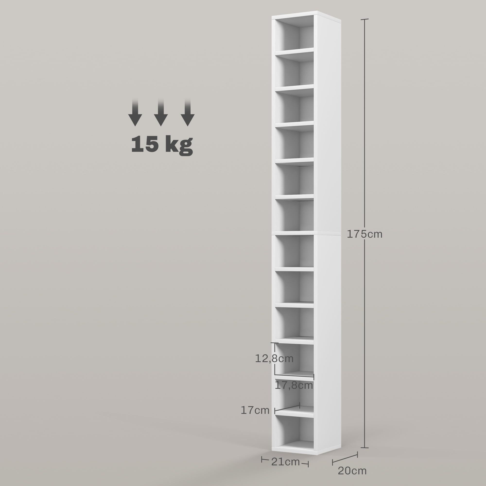HOMCOM Contenitori per CD e DVD, ripiano a colonna, contenitore con 12 scomparti, capacità massima 204 CD, 21 x 20 x 175 cm, bianco