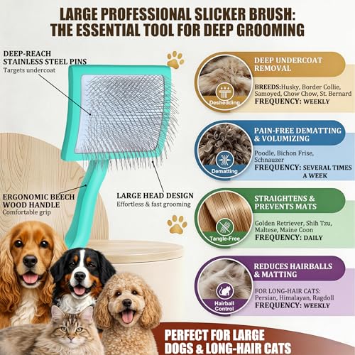 Image of Wooden Long Pin Slicker Brush for Dogs, Doodles, Poodles, Long Hair | Grooming, Detangling, and Fluffing for Wavy and Curly Hair-Designed for Heavy, Thick Coats to Prevent Matting at Home