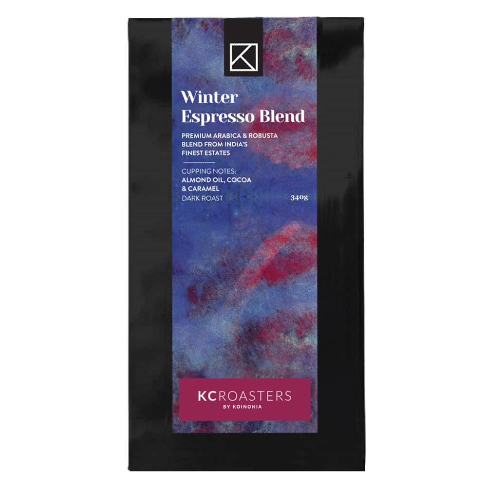 KCROASTERS KOINONIA | Winter Espresso Blend 340gm Dark Roast Arabica Coffee Beans - Roasted & Ground For(Tecnora) | Packed in Biodegradable Bags