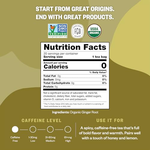 Image of FGO Organic Ginger Tea, 20 Count, Eco-Conscious Tea Bags, Resealable Bag, Packaging May Vary (Pack of 1)