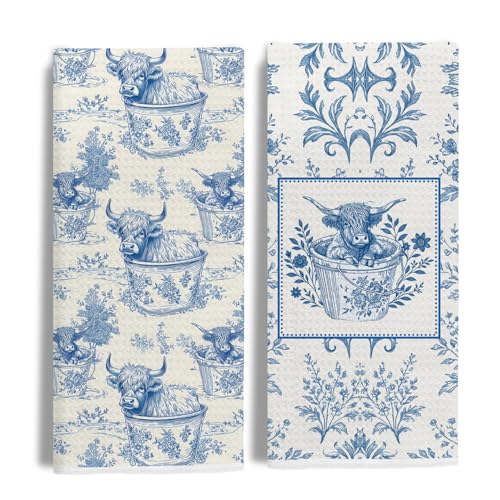 Image of Vintage Blue Chinoiserie Floral Highland Cow Kitchen Towels, Highland Cow Gifts Dish Tea Towels, Grandmillennial Farmhouse Heifer Decorative Hand Towel for Bathroom, 16x24 Inch Set of 2