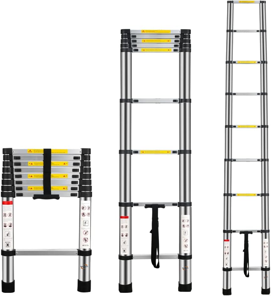 8.5Ft 2.6M Telescopic Ladders Telescoping Extendable Aluminium Folding Extension Extendable Portable 9 Steps 150kg Capacity Loft Collapsible DIY Multipurpose