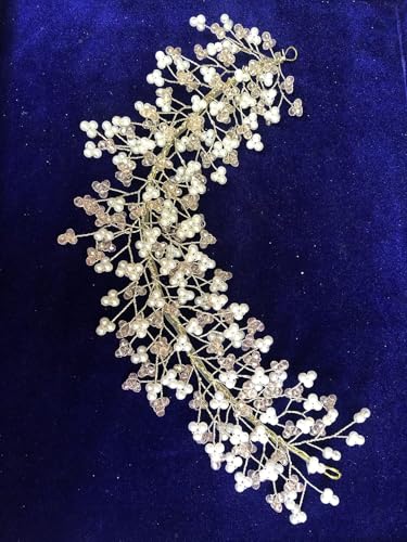 Image of Samyak Crystal Pearl Hair Vine Tiara Hair Accessory Headband Headdress Hair Jewellery For Women | Hair Pin | Bun | Hair Clip For Bridal Wedding Functions Bridesmaid, Gold, Pack of 1
