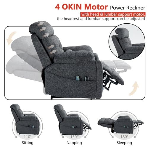 4 OKIN Motor Power Lay Flat Lift Recliner Chair for Elderly Adults Oversized Recliners with Massage Heat, Adjustable Head-Back-Lumbar-Leg-Support, Extended Footrest, 2 Cup Holders