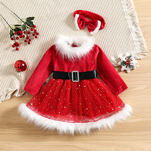 Toddler Baby Girl Christmas Dress Santa Claus Red Princess Long Sleeve Tulle Dress With Headband Outfits (6-12 Months, Red Long Sleeve) #TOP1