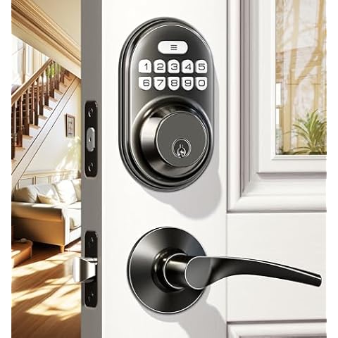 Veise Keyless Entry Door Lock with 2 Lever Handles - Electronic Keypad Deadbolt, Auto Lock, Back Lit & Easy Installation Design, Front Door Handle Sets, Matte Black Cover