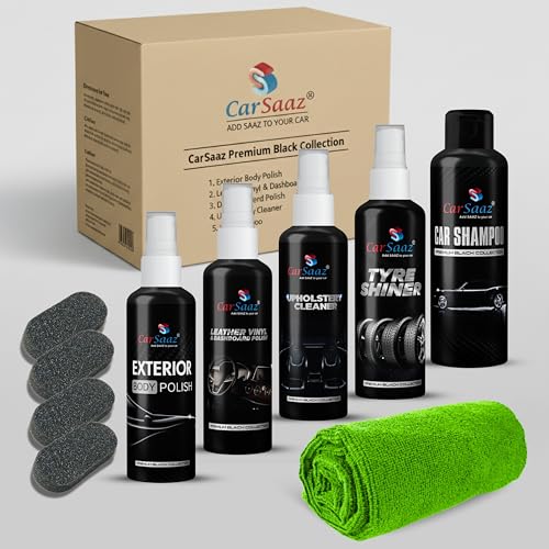 Image of CAR SAAZ Car & Bike Care Kit (10 Items) | Exterior Polish, Dashboard Polish, Shampoo, Upholstery Cleaner, Tyre Shiner 100 ML Each, 4 Applicators & Cloth | Interior & Exterior Cleaning & Shine Pack