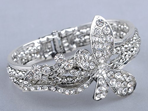 Image of Alilang Silvery Tone Shiny Clear Crystal Rhinestones Dragonfly Butterfly Bangle Bracelet
