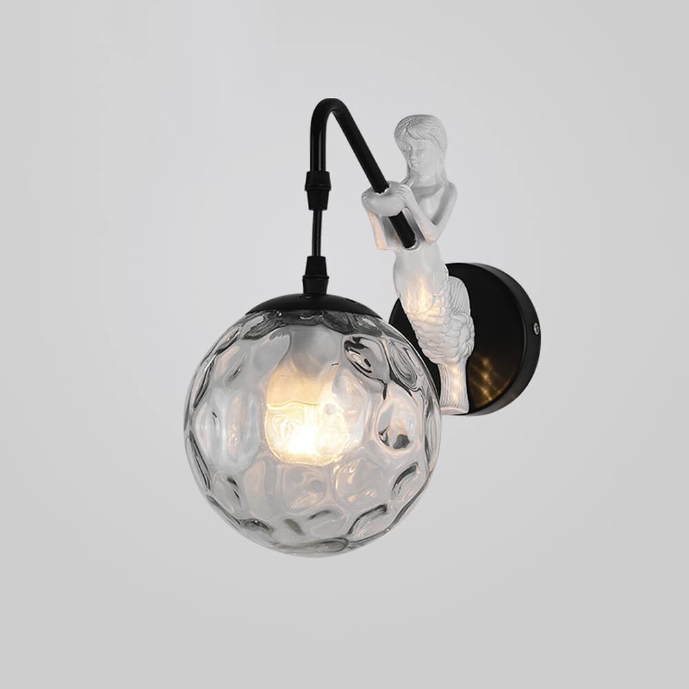 SXSCARKX Vintage Wall Mount Light Farmhouse Sconce with Hammered Globe Glass, Retro Metal Lamp Indoor Lighting Fixture, Living Dining Room Bedroom Bedside Sconces (Color : Svart)