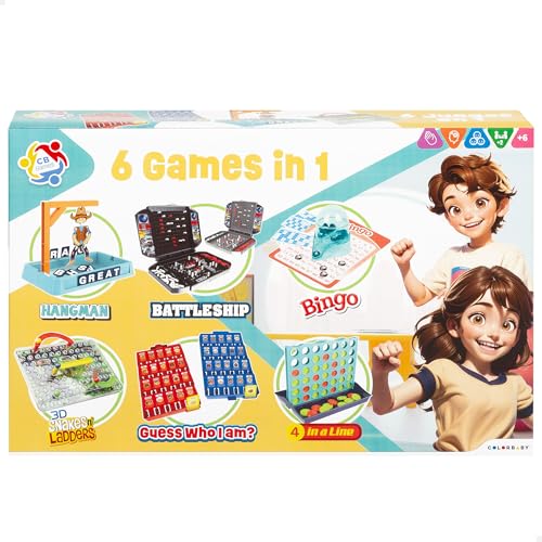ColorBaby Conjunto 6 jogos de mesa, o enforcado, Bingo, serpentes e escadas 3D, quem é quem, fundir a frota, 4 online, para mais de 2 jogadores, brinquedos crianças 6 anos (47946)