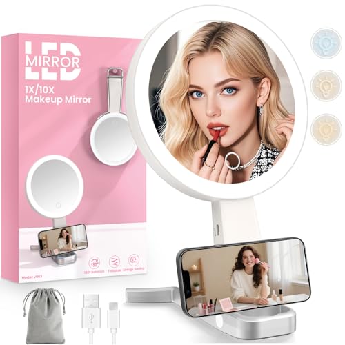 FZIFZI Espejo Maquillaje con Luz, 1X/10X de Doble Cara Espejo Tocador con Luz, Espejo Maquilhagem con 3 Modos de Iluminación, Espelho Luces Maquillaje con Aumento,USB,Sobremesa,Portátil para Viajes